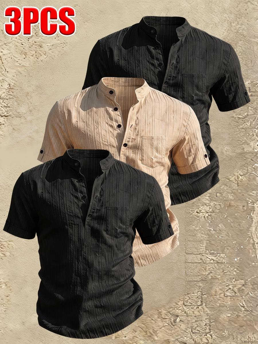 Men's Stand Collar Henley Short Sleeve Shirt 3pcs, Vertical Stripe Texture Half-Button with Pocket Top, Summer Breathable Casual Vacation 3pcs Versatile Men's Shirt Set - Black+Black+Khaki