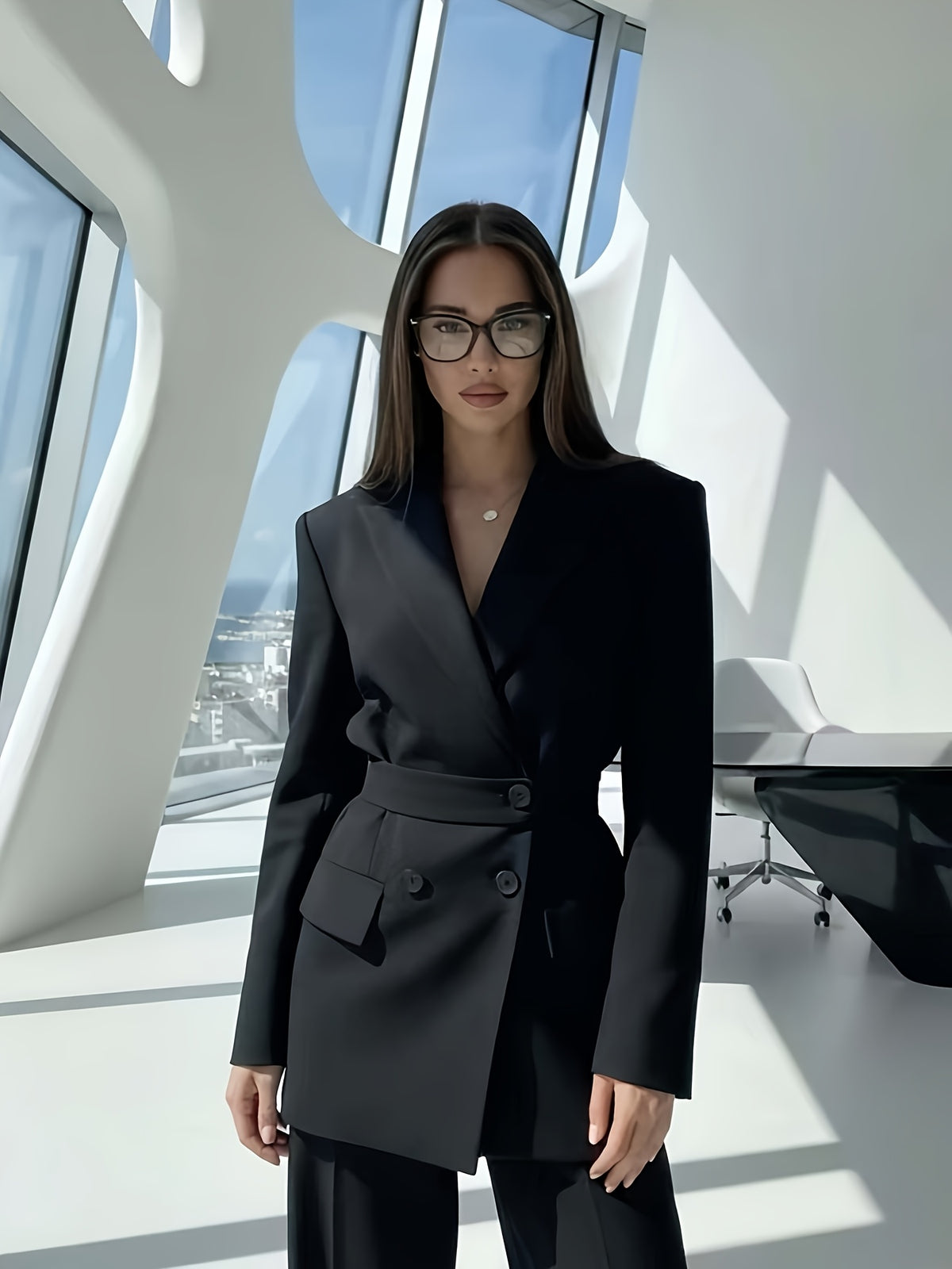 Women's Elegant and Fashionable Double-breasted Notch Lapel Casual Blazer with Detachable Waist Belt, Solid Color Long-sleeve Suit Jacket, Suitable for Daily and Office Commute Wear - Black