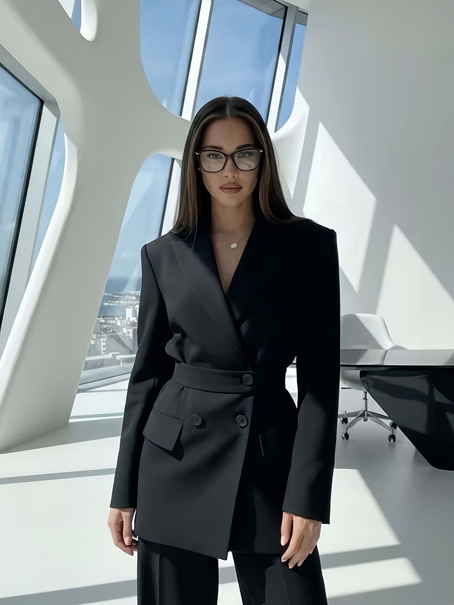 Women's Elegant and Fashionable Double-breasted Notch Lapel Casual Blazer with Detachable Waist Belt, Solid Color Long-sleeve Suit Jacket, Suitable for Daily and Office Commute Wear - Black
