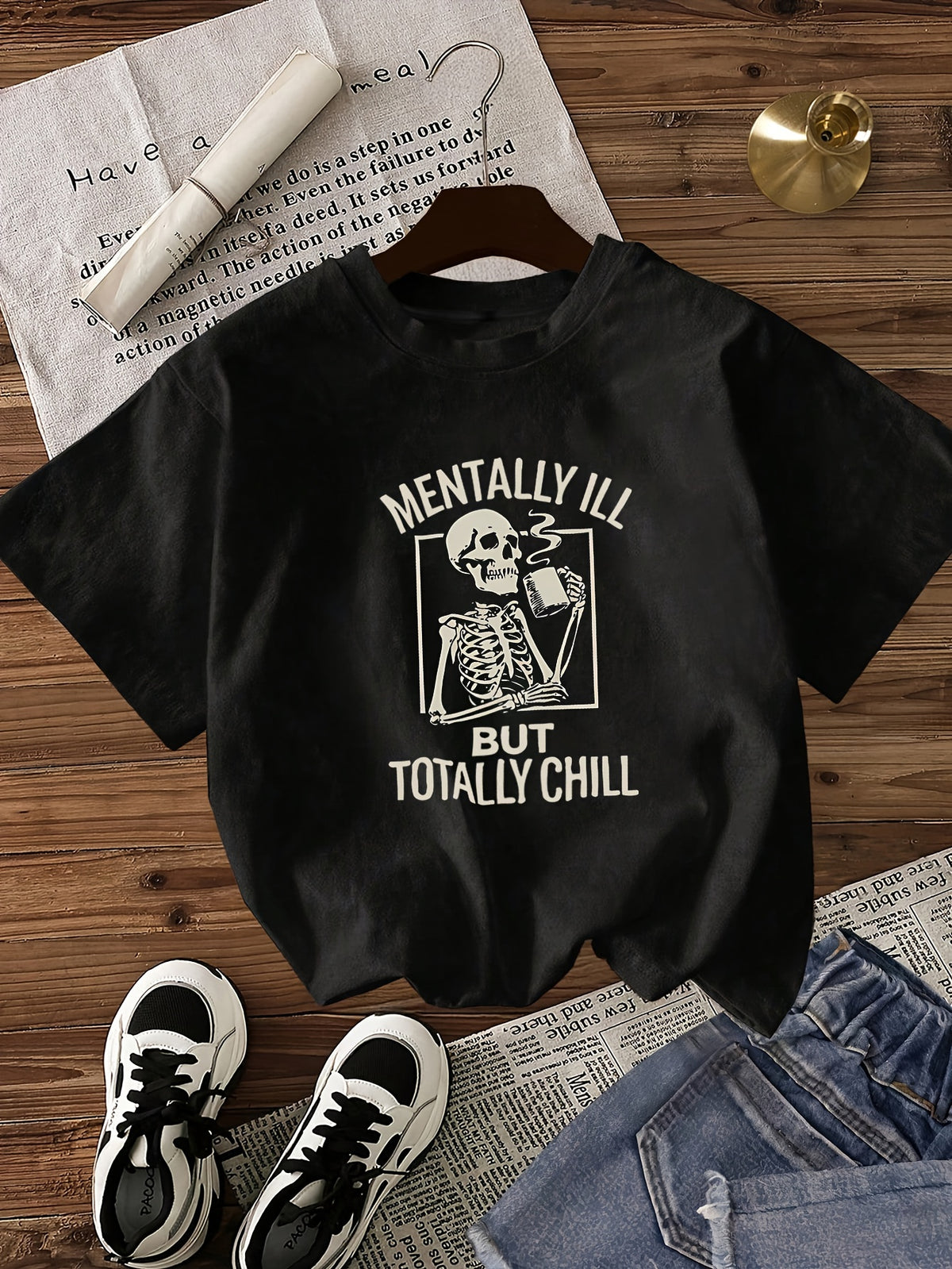 Summer Cartoon Skull Print Women's Round Neck T-Shirt Loose Slim Fit - Black