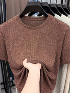 Men'S Round Neck Vertical Ribbed Knit T-Shirt, Summer Breathable Commuter Business Style, Casual Versatile Short Sleeve Top, Basic Round Neck Design, Neat Stitching, Contouring Neckline, Unrestrictive for Daily Activities - Coffee Color