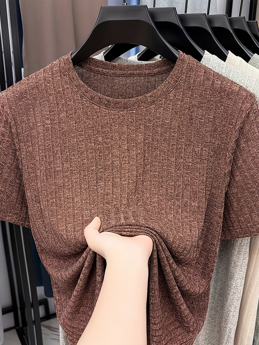 Men'S Round Neck Vertical Ribbed Knit T-Shirt, Summer Breathable Commuter Business Style, Casual Versatile Short Sleeve Top, Basic Round Neck Design, Neat Stitching, Contouring Neckline, Unrestrictive for Daily Activities - Coffee Color