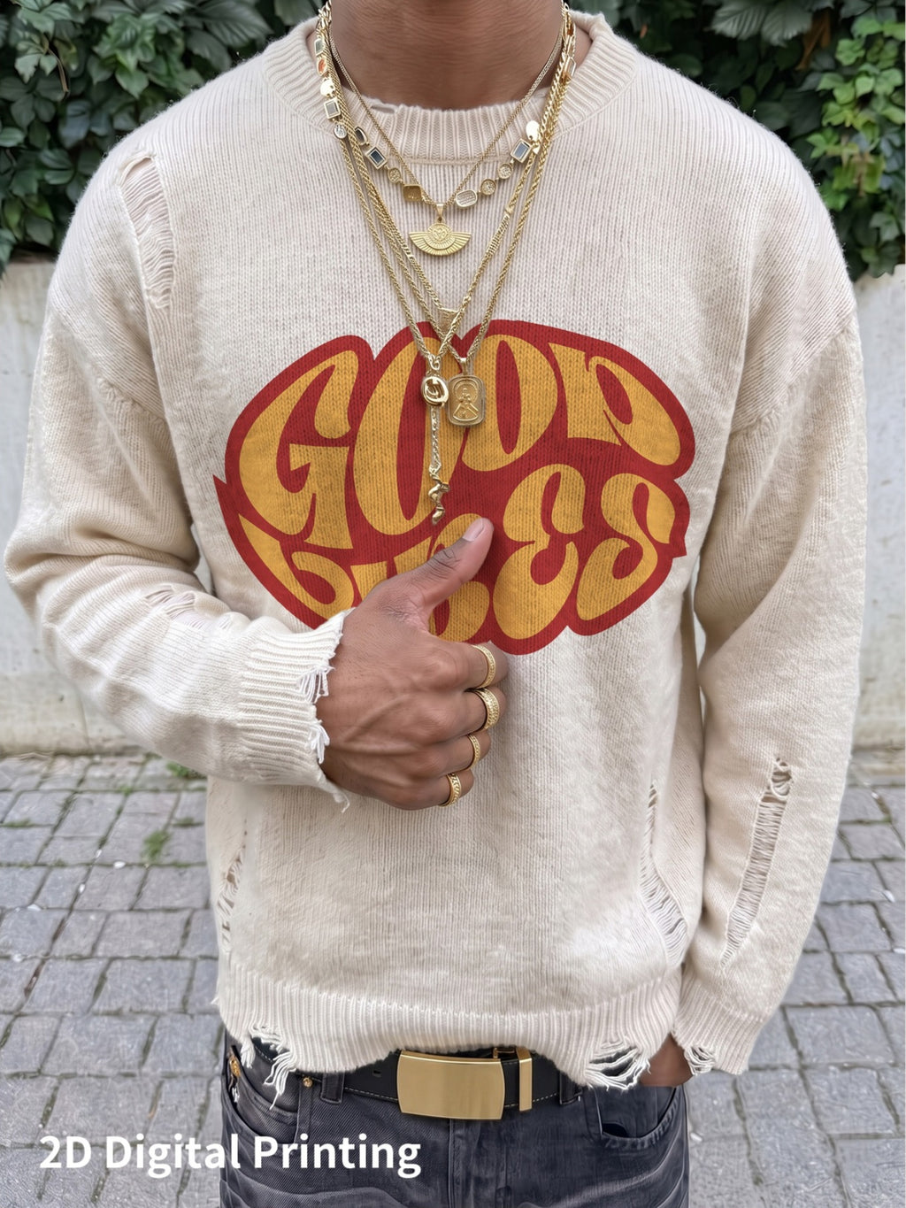 2D Digital Partial Print Men'S Long Sleeve Sweater Base Layer Outerwear Positive Slogan Western Street Style Fashion Trendy All-Match Showcasing Youthful Confidence Strong Easy All-Match Autumn Winter New Knit Sweater - Off-white