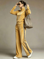 Women'S Velvet Color-Block Leopard Print Top And Wide-Leg Pants Two-Piece Set, Sport Casual Wear - Golden