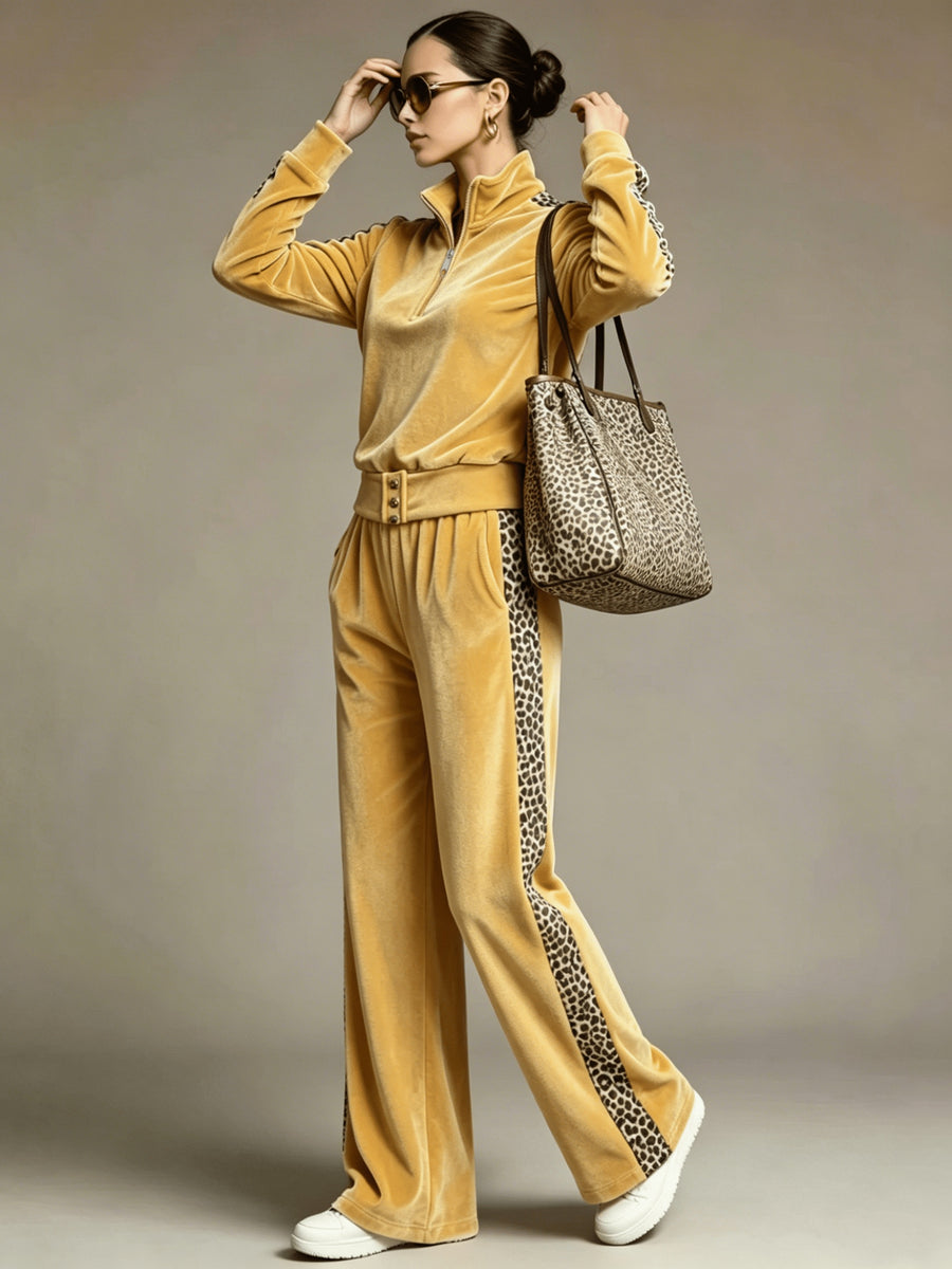 Women'S Velvet Color-Block Leopard Print Top And Wide-Leg Pants Two-Piece Set, Sport Casual Wear - Golden
