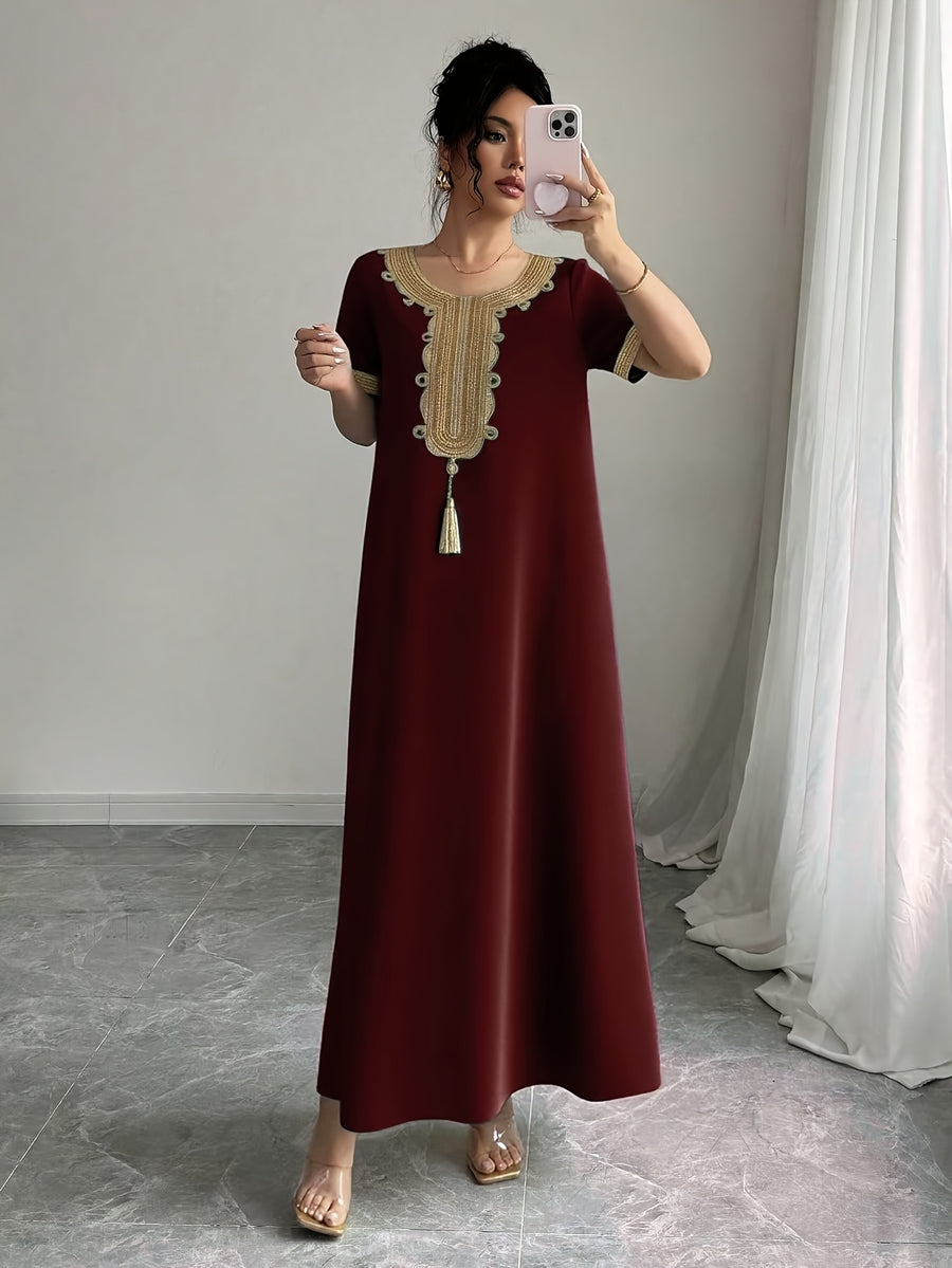 Middle East Round Neck Temperament Loose Belly-Covering Vacation Retro Niche Design Dress Short-Sleeved Long Skirt - Burgundy
