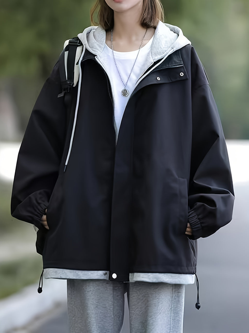 New Women's Casual 2-in-1 Look Workwear Trench Coat, Loose American-Style Hooded Jacket Outerwear Top - Black
