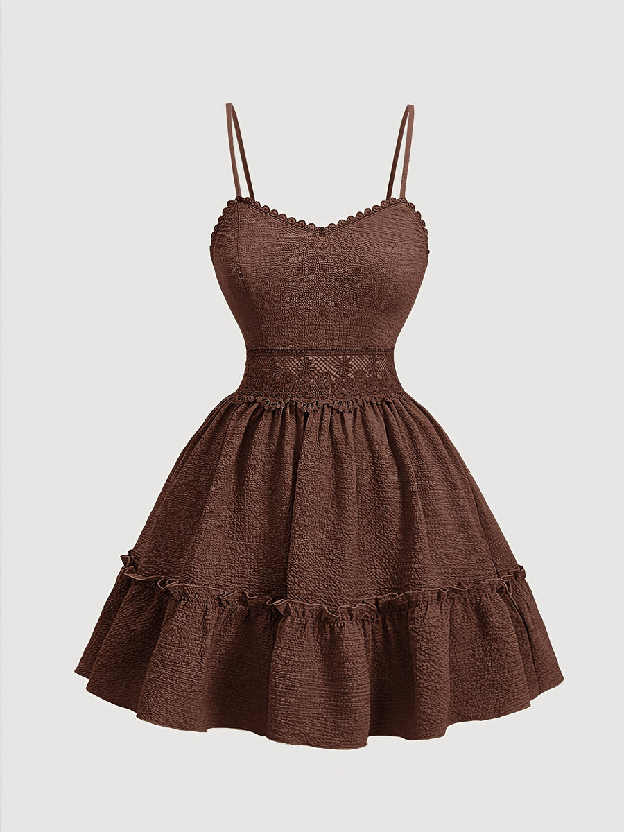Elegant V-neck Lace-Trimmed Strap Dress | Solid Color, Contrast Lace Details, Suitable for Spring/Summer/Fall, for Adults - Coffee Brown