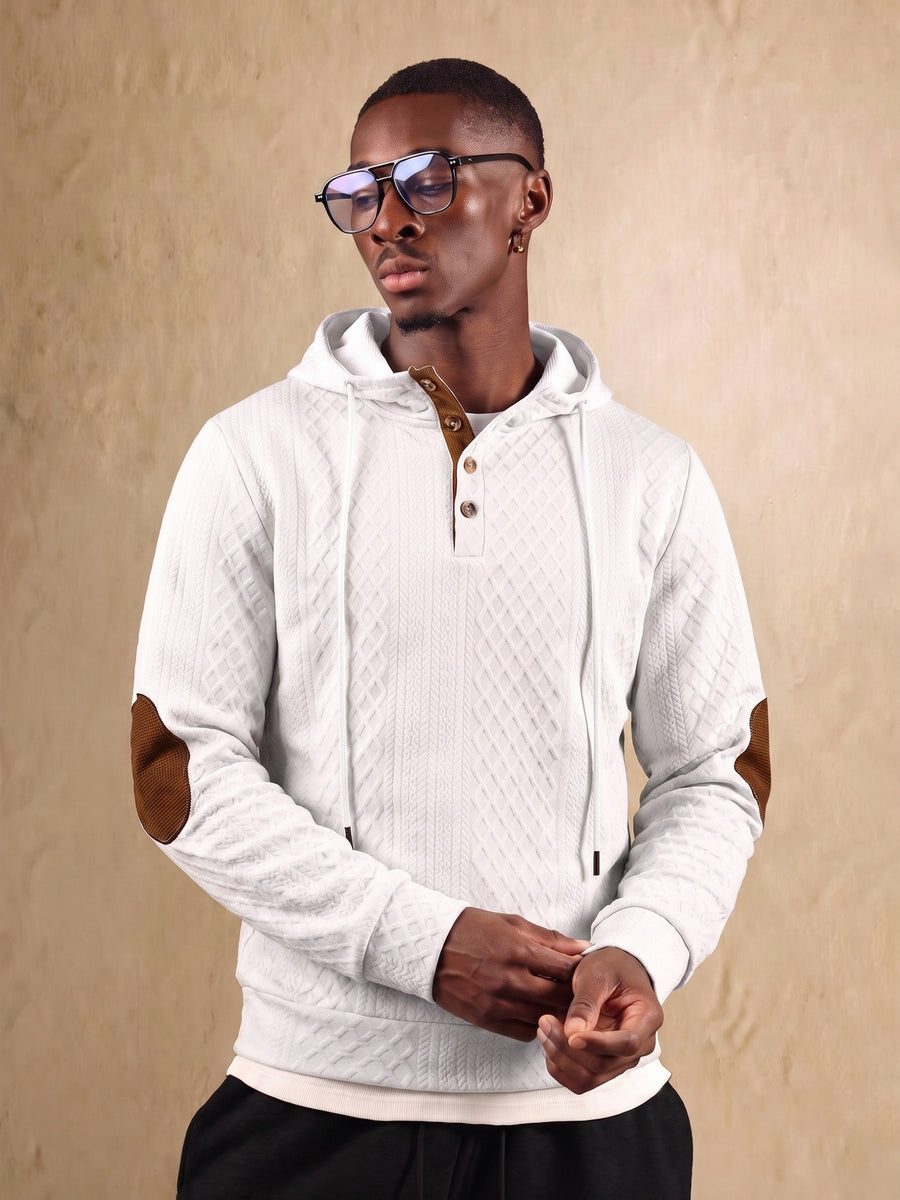 1 Men's Fashionable Casual Hooded Sweatshirt | High-End Skin-Friendly Soft Textured Jacquard Fabric | Hooded Button Design | Breathable and Warm | for Indoor Gatherings and Outdoor Sports | Wardrobe Essential for Casual Vacation Style | Suitable - White