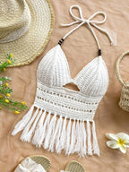 Spring Summer New Women'S Vacation Style Crochet Halter Top Solid Color Tassel Trim Hollow Out Beach Top, Bohemian Style, Date Outing, Valentine'S Day Gift, Music Festival Outfit, Mother'S Day, Beach Vacation [ASD1] - White