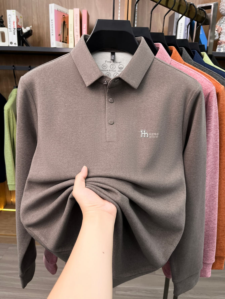 Men'S Lapel Long Sleeve Polo Shirt Solid Color Thin Pullover Top Spring Autumn Casual Layering Apparel for Golf Fishing Tennis Sports Daily Wear for Men - Coffee Color