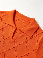 Men's Polo Collar Short Sleeve Knit Shirt, Textured Knit Top, V-Neck Lapel, Breathable Casual Pullover - Orange-Red