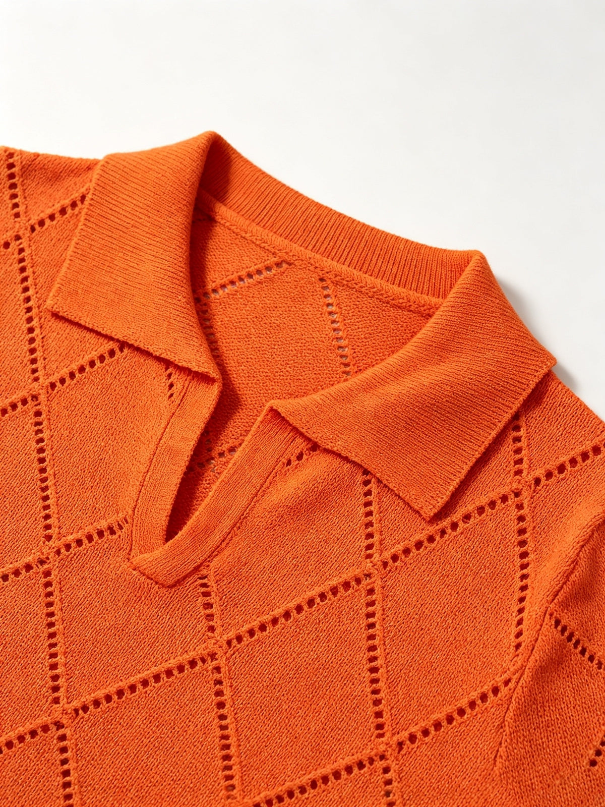 Men's Polo Collar Short Sleeve Knit Shirt, Textured Knit Top, V-Neck Lapel, Breathable Casual Pullover - Orange-Red