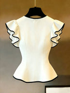 Women's Fashion New Arrival Round Neck Ruffle Short Sleeve Top, Slim Fit with Contrast Trim on Sleeves and Hem, Suitable for Daily Casual and Commuting - Beige
