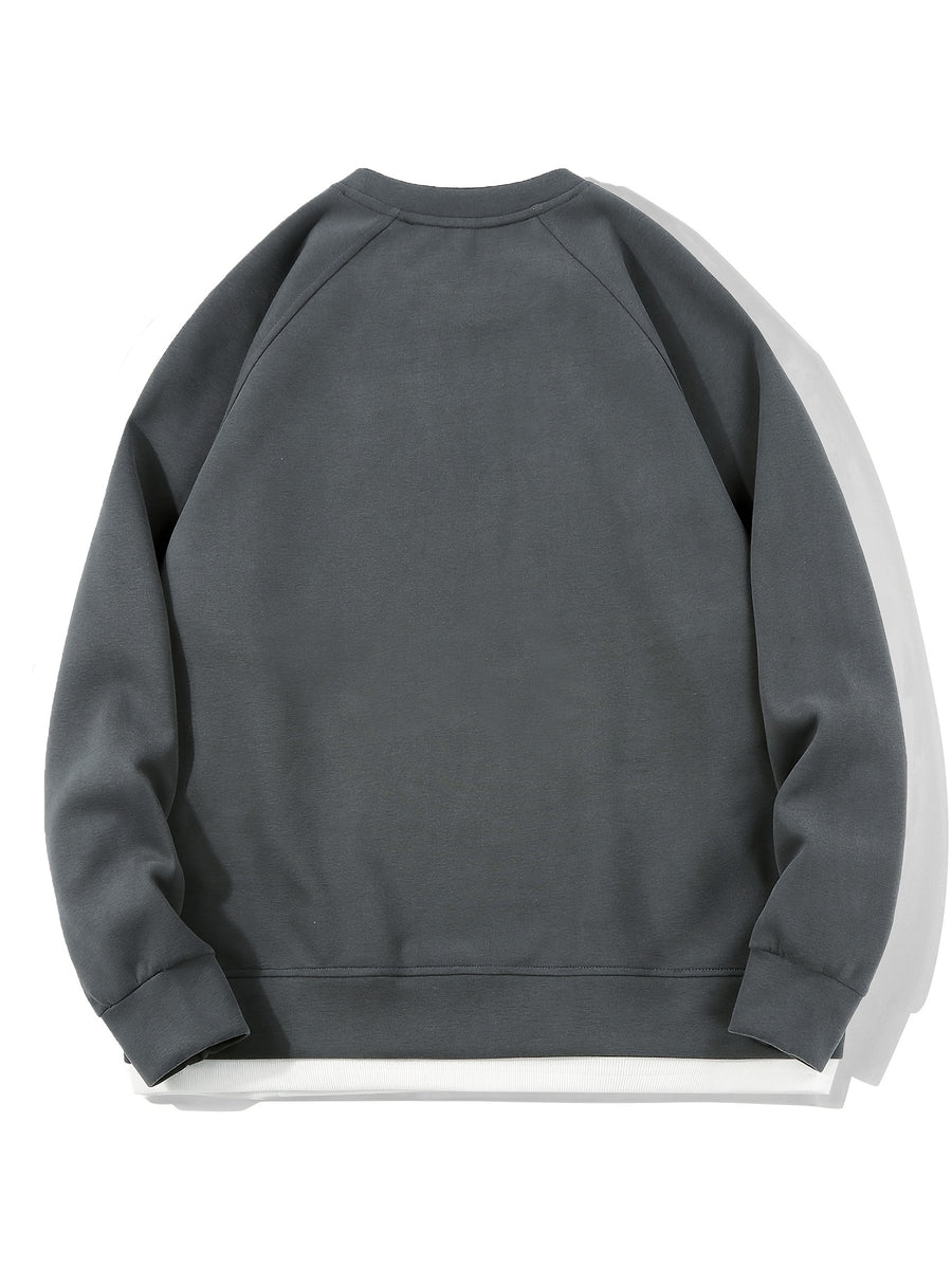 Autumn New Men'S Drop-Sleeve Casual Solid Color Sweatshirt Faux Two-Piece Hem, Men'S Round Neck Pullover, Niche Design Style - Dark Gray