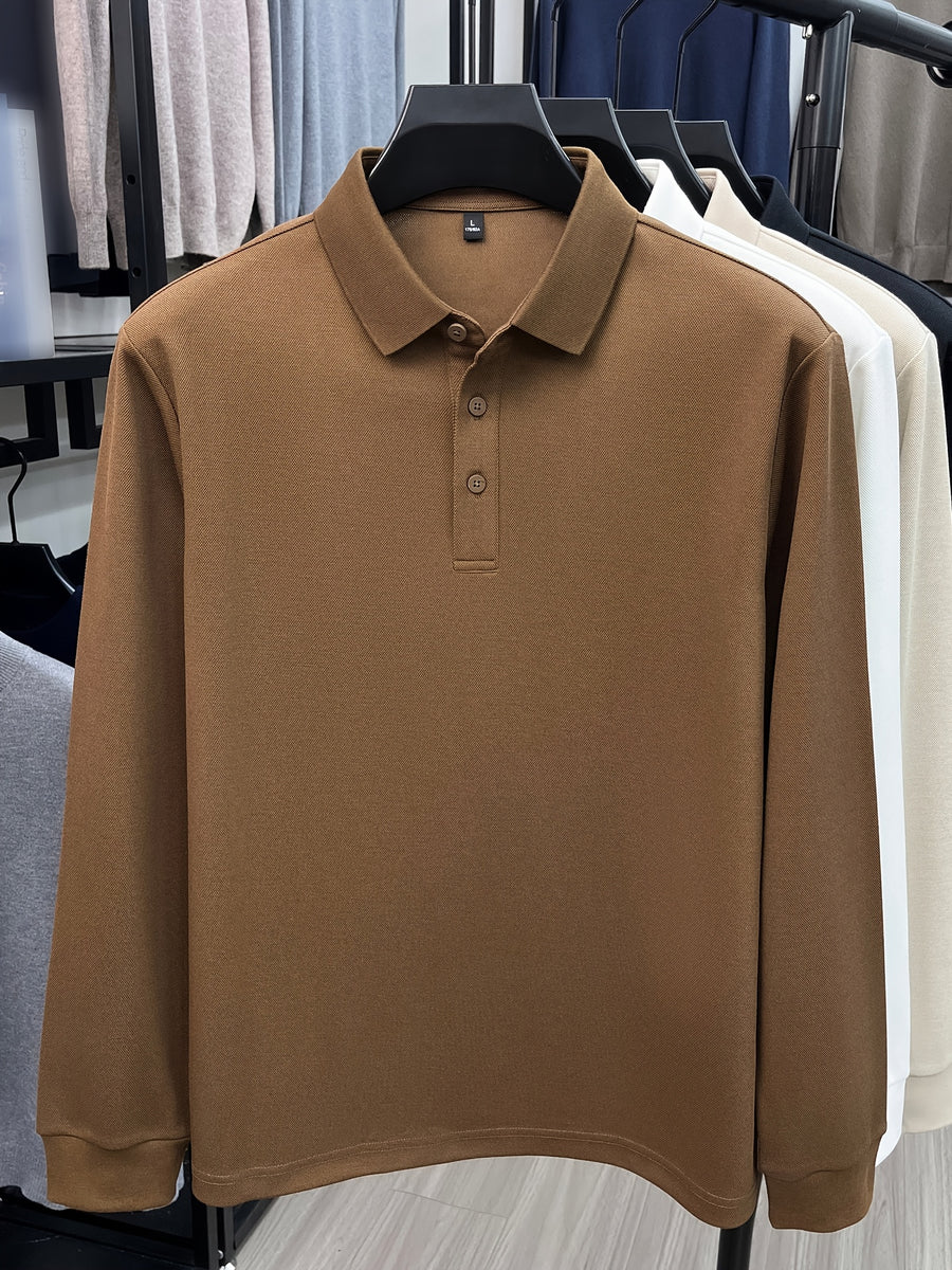 Autumn New Men'S Long Sleeve Henley Polo Shirt, Easy Lapel 3-Button Top, Casual Commute Wear, Comfortable And Skin-Friendly, Versatile Basic Men'S Clothing, Spring/Autumn Inner And Outer Wear, Can Be Worn Alone Or Layered with Jacket, Men'S Gift - Coffee Brown
