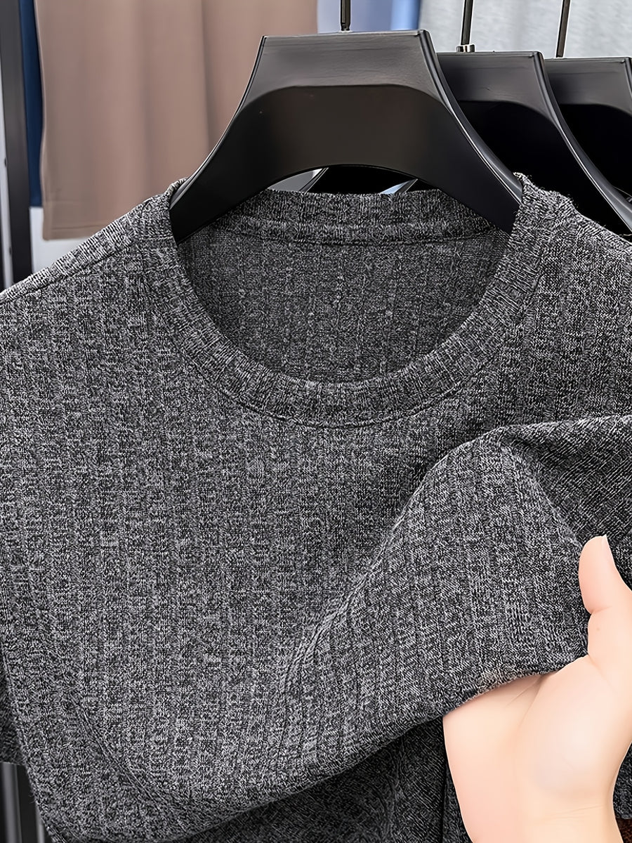 Men'S Round Neck Vertical Ribbed Knit T-Shirt, Summer Breathable Commuter Business Style, Casual Versatile Short Sleeve Top, Basic Round Neck Design, Neat Stitching, Contouring Neckline, Unrestrictive for Daily Activities - Black Gray