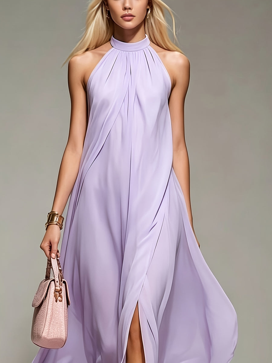 New Spring/Summer 2026 Small Round Neck Fashionable Split Versatile Women's Dress - Purple