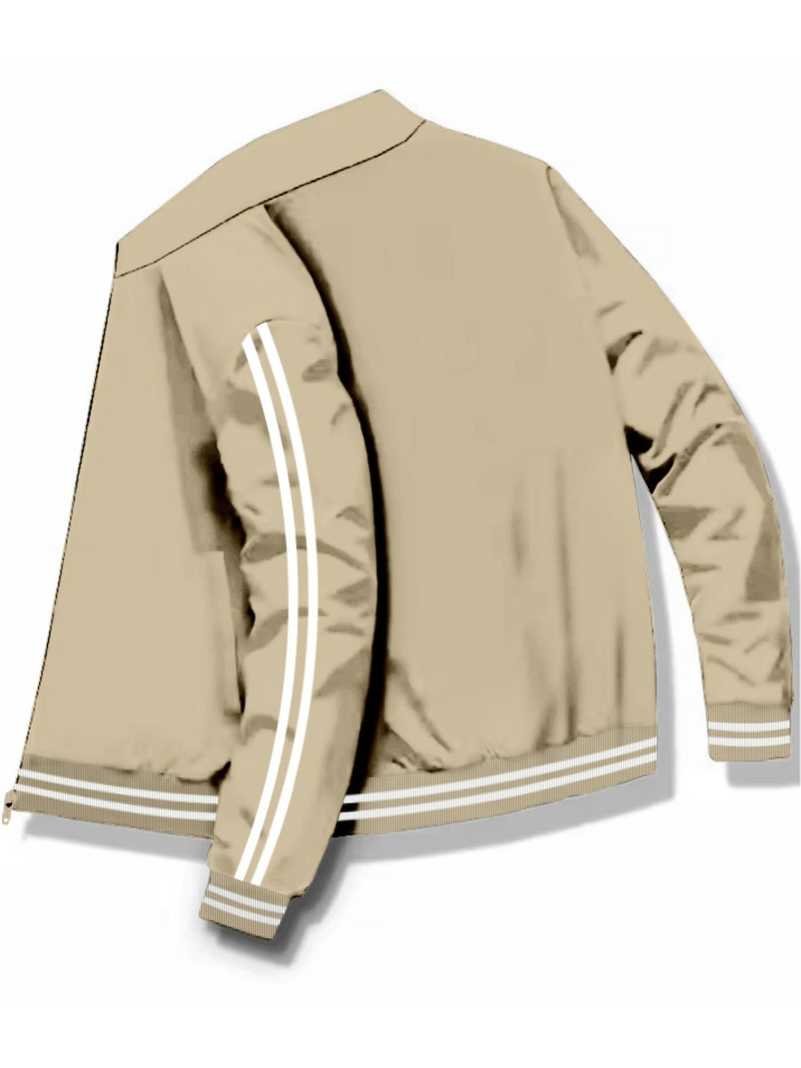 Back-to-School Couple's Trendy Pattern Letter "i" Print Stand Collar Jacket, Unisex High-Quality Ribbed and Double-Bar Design, Available in 8 Colors, Fashionable Jacket Top for Spring/Autumn Outdoor Sports, Cycling, Walking, Hiking, and Preppy Style - Khaki