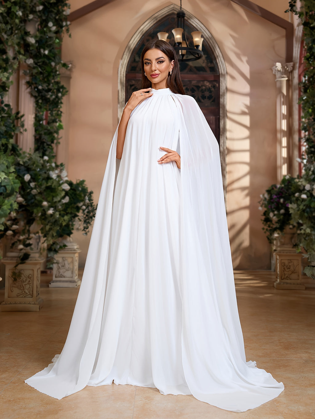 Fashionable and Elegant Round-neck Cape Dress, Family Gathering Birthday Party Dress, Elegant and Stylish Dress, Women's Long Dress, Party Dress, New Style, Women's Evening Gown, Host Performance Dress, Bridesmaid Dress, Prom Evening Gown - White
