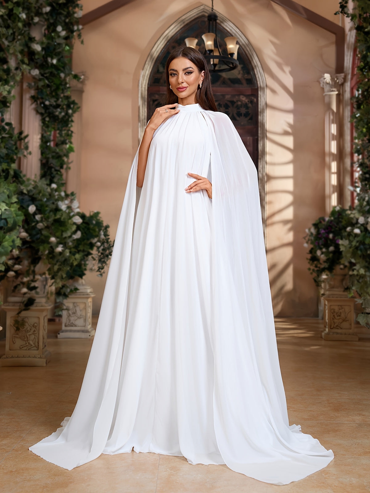 Fashionable and Elegant Round-neck Cape Dress, Family Gathering Birthday Party Dress, Elegant and Stylish Dress, Women's Long Dress, Party Dress, New Style, Women's Evening Gown, Host Performance Dress, Bridesmaid Dress, Prom Evening Gown - White
