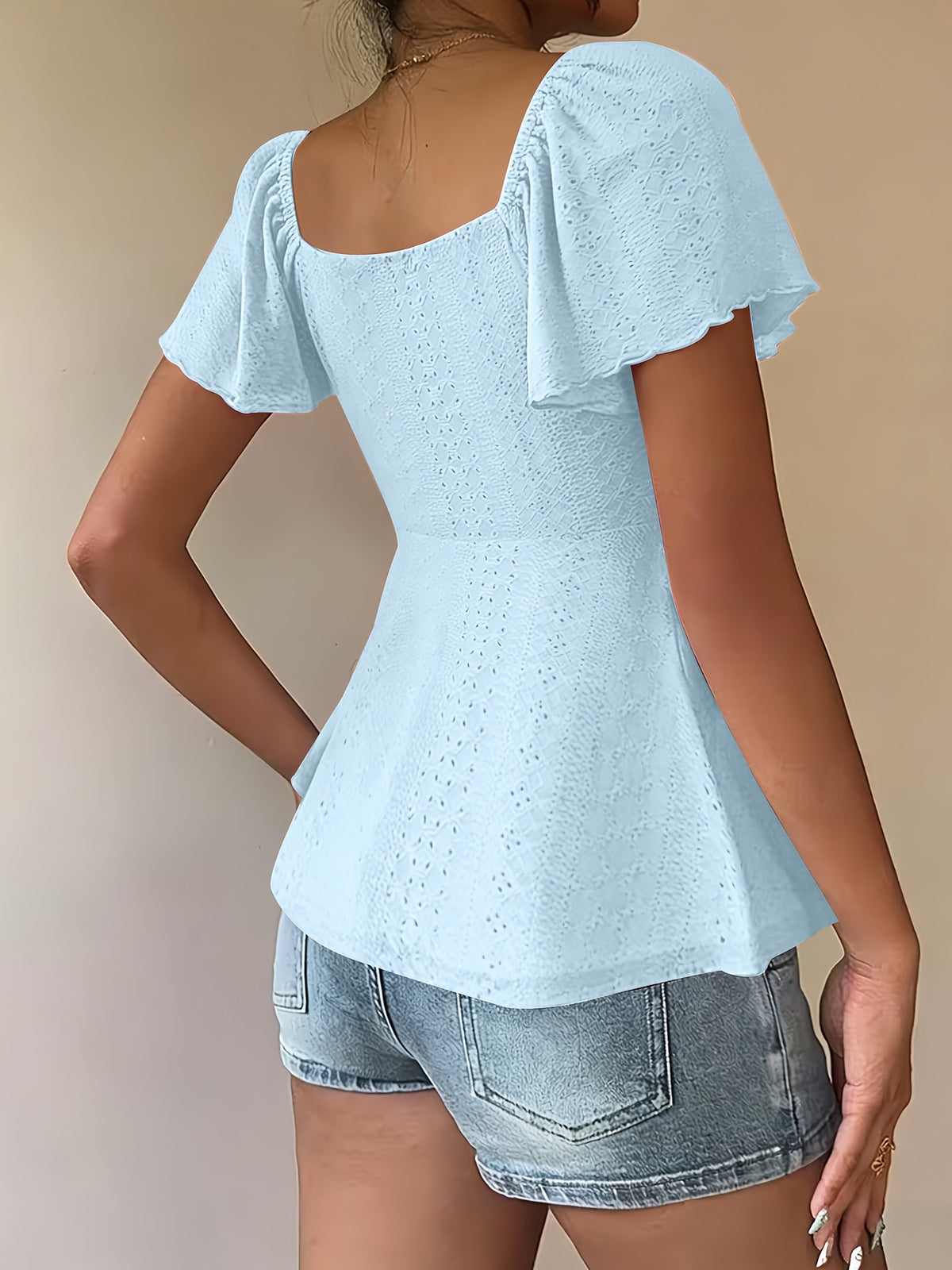 Fashionable and Elegant Spring/Summer New Arrival Y2K Solid Color Jacquard Comfortable and Breathable V-Neck Drawstring Short Sleeve Top Women's T-Shirt - Sky Blue