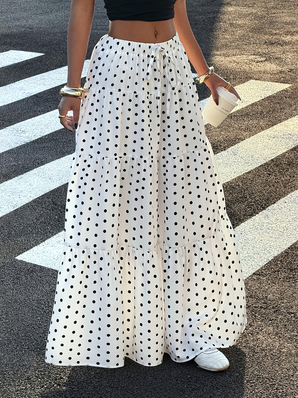 Women's White Polka Dot Casual Vacation Skirt, Suitable for Outings, Streetwear, Y2K Style Clothing, Spring/summer Wear, White Bohemian Skirt, Summer Maxi Skirt - White