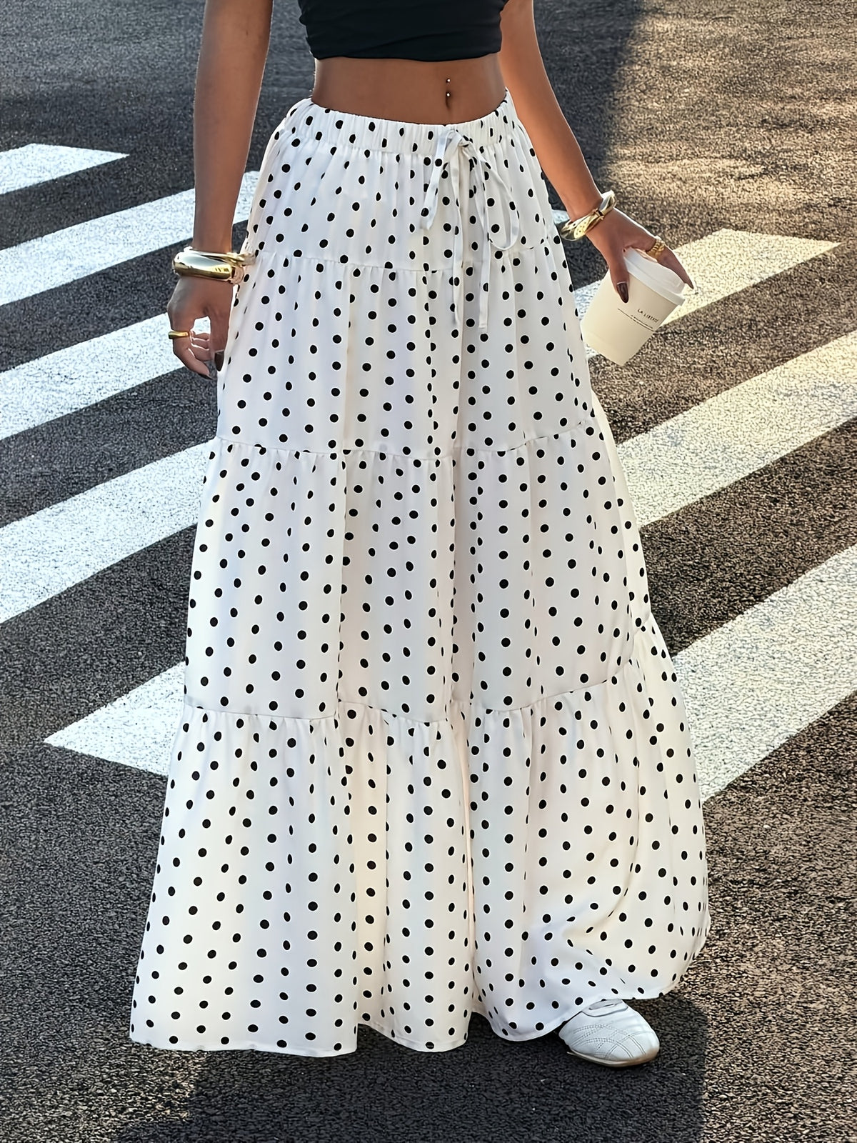 Women's White Polka Dot Casual Vacation Skirt, Suitable for Outings, Streetwear, Y2K Style Clothing, Spring/summer Wear, White Bohemian Skirt, Summer Maxi Skirt - White