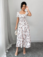 Women'S Ruched Square Neck Short Sleeve Ruffled Hem Dress with Ditsy Floral Print, Suitable for Casual, Work, Travel, Beach, Bohemian, Western, Music Festival, Countryside Style - Mixed colors