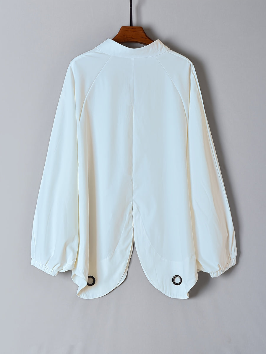 Women's Autumn Loose Fit Irregular Hem Batwing Shirt with Unique Design, Casual and Figure-Flattering Top - White
