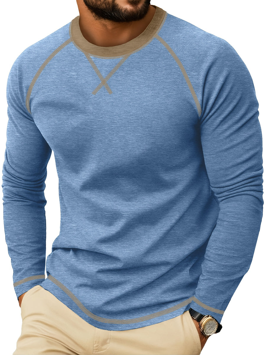 Cross-Border New Men'S Long Sleeve Round Neck T-Shirt, Outwardly Oriented Western Men'S Clothing Color-Blocked Top Base Layer - Light Blue