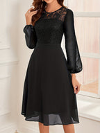 Women's Wedding Bridesmaid Dress, Chiffon Sequin Lace Long Sleeve Midi Cocktail Dress - Black