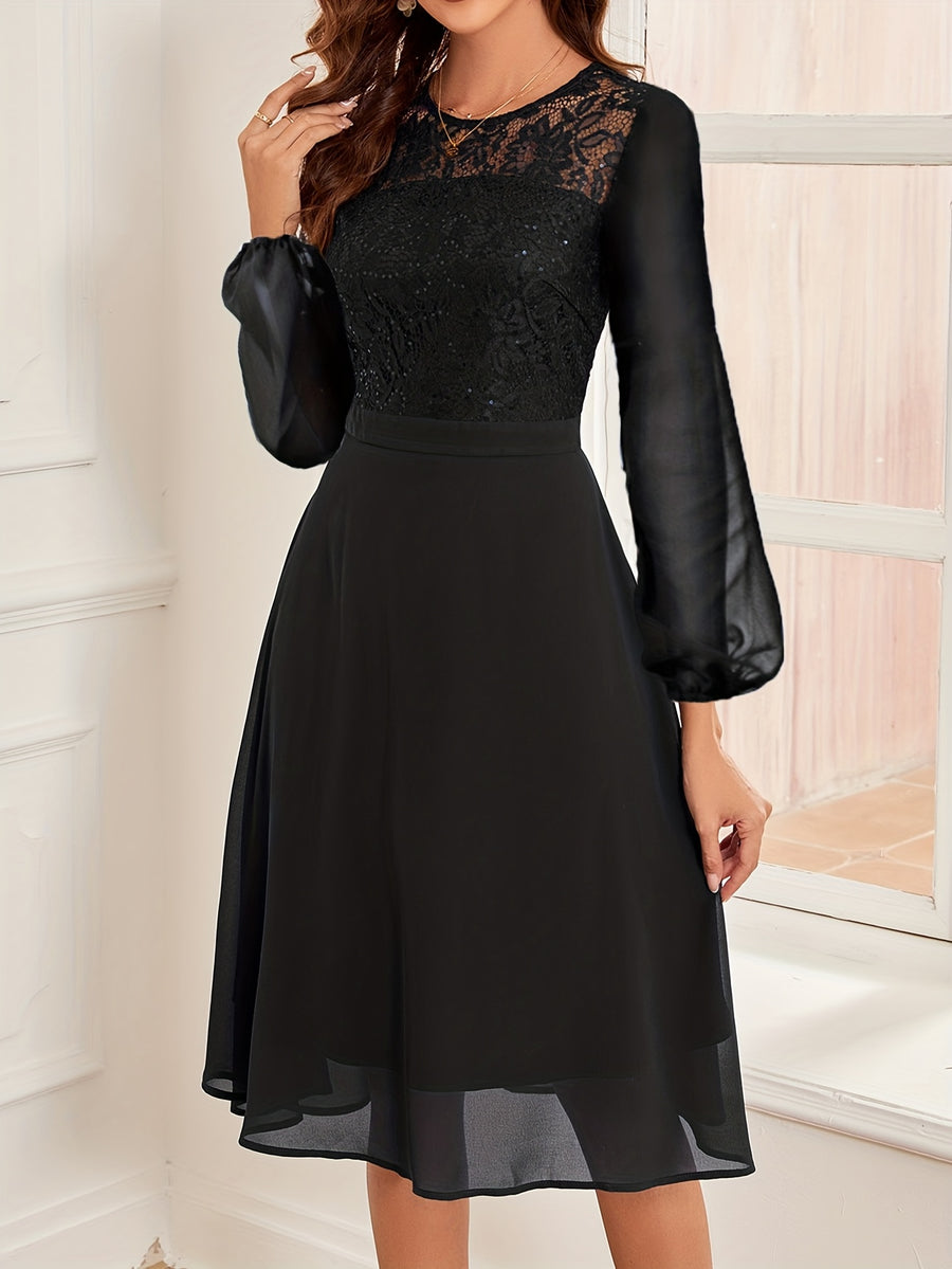 Women's Wedding Bridesmaid Dress, Chiffon Sequin Lace Long Sleeve Midi Cocktail Dress - Black