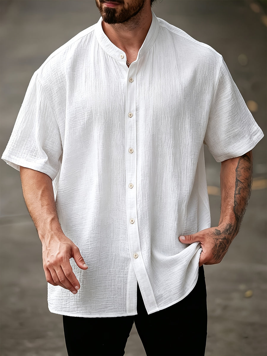 Men's Summer Solid Color Shirt, Lightweight Fashionable Casual Top - White