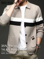 New Autumn Winter Men'S Striped Knit Cardigan, Ideal Gift for Dad And Husband, Lapel Collar Button Design, Soft Comfortable Knit Sweater, Minimal Elegant Versatile Top Cardigan Coat for Daily Outing Business Casual Camping Wear - Camel