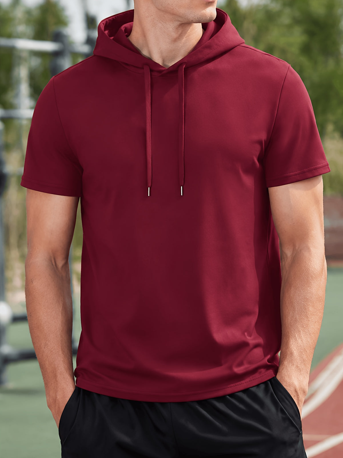 Men's Lightweight Breathable Short-Sleeve Hooded Sweatshirt - Solid Color Loose Fit Hoodie Suitable for Gym, Running, Outdoor Commuting | Machine Washable Pullover Hooded T-Shirt for Youth &, Basic Versatile Casual Wear - Burgundy
