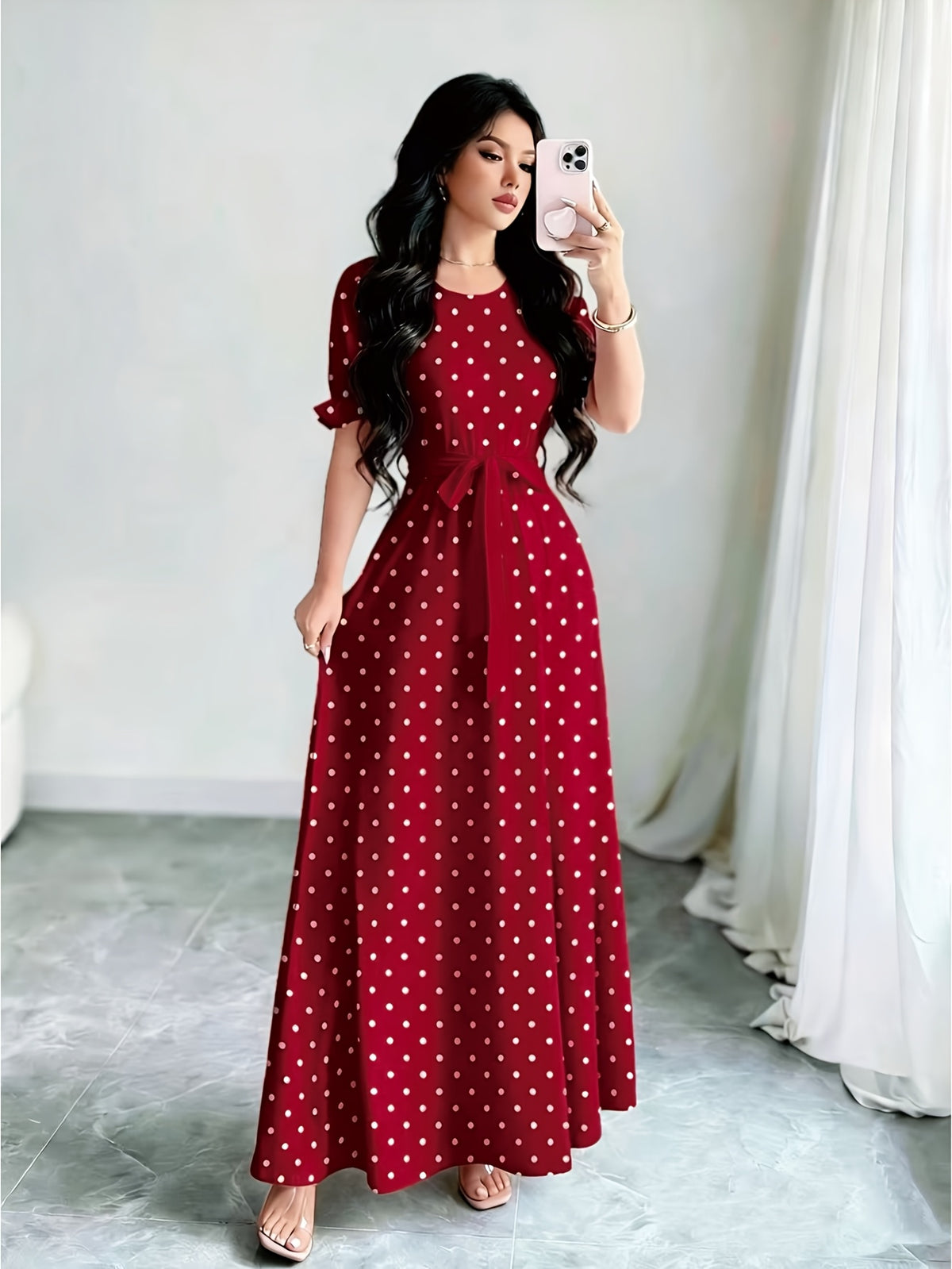 Elegant Summer Dress, Polka Dot Print Dress, Women's Fashion Round Neck Short Puff Sleeve Dress with Belted Waist, Long Dress ASD1 - Burgundy