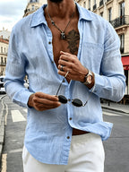 Men's 2pcs Linen Long Sleeve Lapel Shirt, Wrinkle-Resistant, Breathable, Lightweight Pointed Collar Casual Shirt, Chest Pocket Design, Full Button-Front, Loose and Comfortable Fit, Skin-Friendly Soft Quick-Drying Fabric, Solid Color Men's Business - Blue+Card