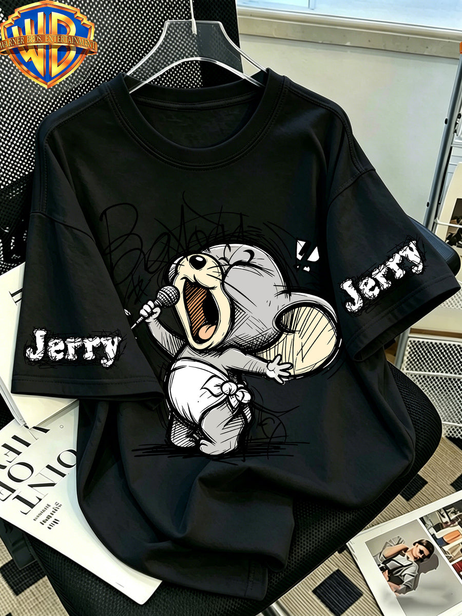 Warner Bros. Official Classic Character Singing Mouse Print T-Shirt, Men'S 100% Casual Comfortable Multi-Functional Loose Summer Short Sleeve T-Shirt, Suitable for Outdoor Wear - Black