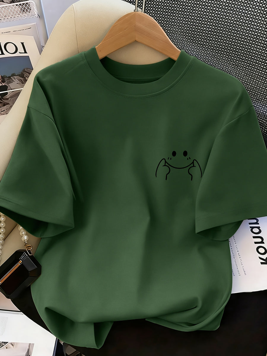 Women's High-Elastic Blouse T-Shirt Suitable for Café Visits, Picnic & Home Wear - Minimalist Smiling Face Print Round Neck Top, Machine Washable Non- Shirt for - Casual Outfits (Age-Reducing Versatile Wardrobe Staple) - Military Green