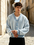 Men's Blue and White Vertical Stripe V-Neck Knit Cardigan, Loose Drop-Shoulder Button-Up Cropped Knit Outerwear, Autumn/Winter Warm Casual Jacket, Street Style, Daily Commute, Dating, Travel, Layering Fashion Knitwear - Light Blue