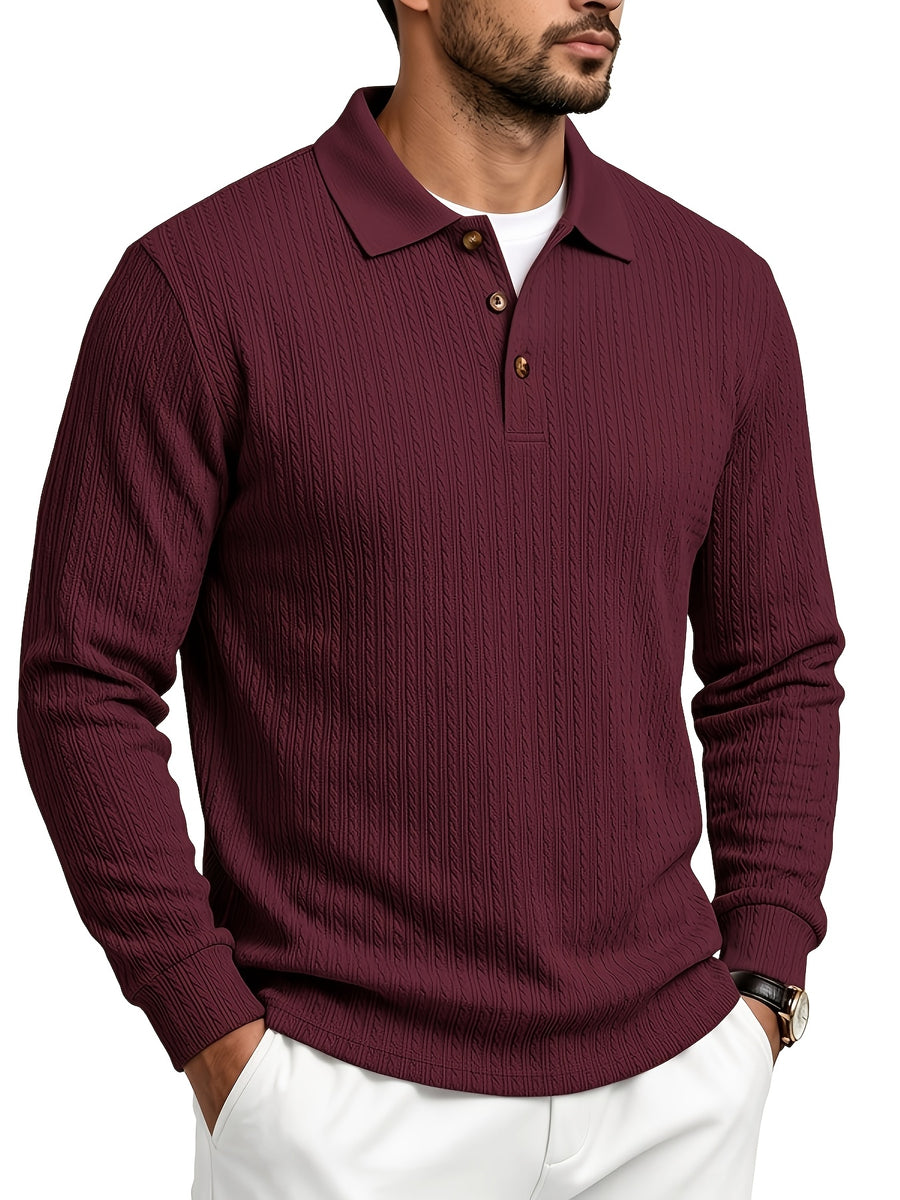 Spring/Autumn Men'S Long Sleeve Polo Shirt, High-Elastic Textured Vertical Rib Jacquard Collar T-Shirt, Business Casual Slim Fit Versatile Solid Color Pullover Top - Burgundy