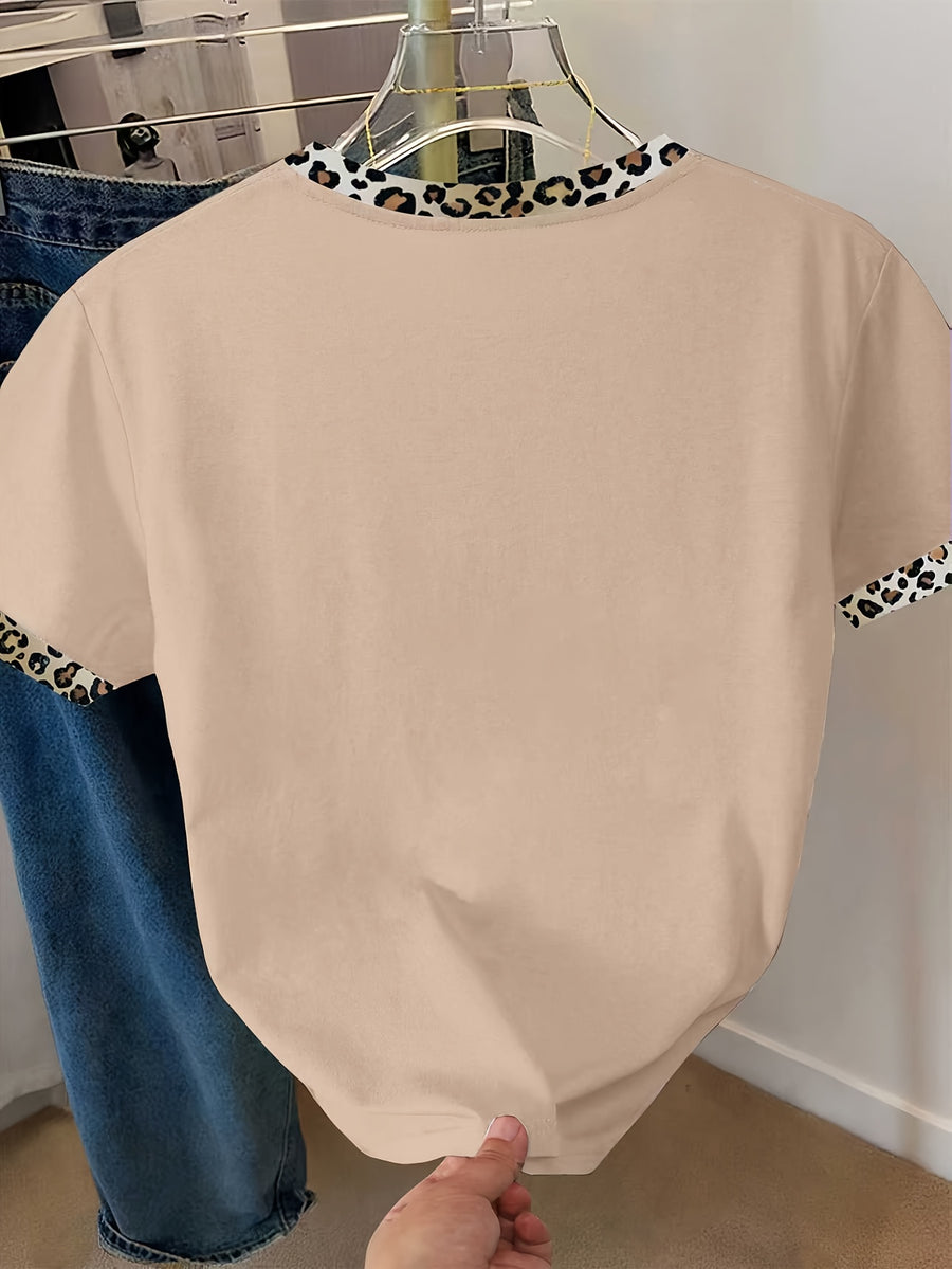 Women's Casual Short Sleeve Blouse T-Shirt Suitable for Spring Summer Fall - Heart Pattern Opaque Top, Machine Washable Daily Wear & Semi-Formal Outfits - Khaki