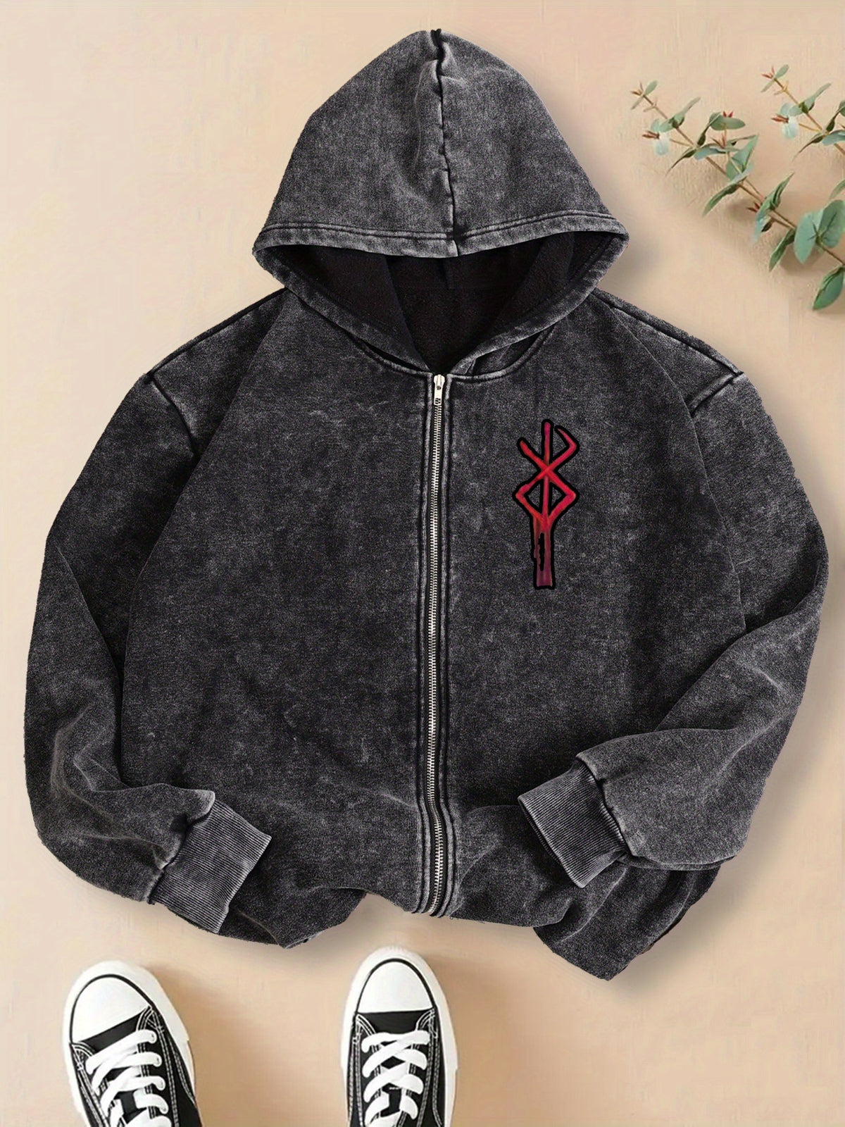 Women's Vintage Fashion Distressed Snow Zipper Sweatshirt Jacket, Hip-Hop Trendy Printed  Versatile Zip-Up Hoodie with Drawstrings - Black