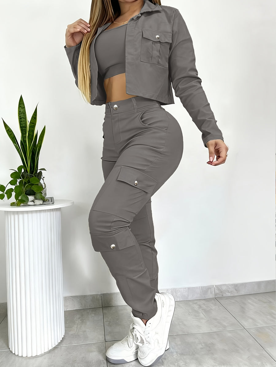 Women's Versatile 2pcs Set Featuring a Slim-fit V-neck Cropped Shirt and American-style Wide-leg Pants with Multiple Pockets, Sold Without an Inner Top - Grey