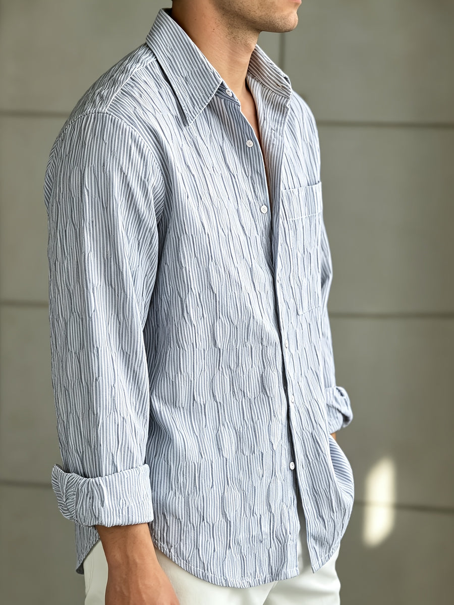 Men'S Fashion Striped Textured Shirt, Collared Button-Up Long Sleeve Casual Vacation Street Style Top - Blue