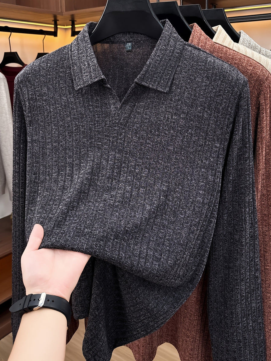 Men's Buttonless V-Neck Long-Sleeve Polo Shirt with Vertical Stripe Knit Lapel - Black