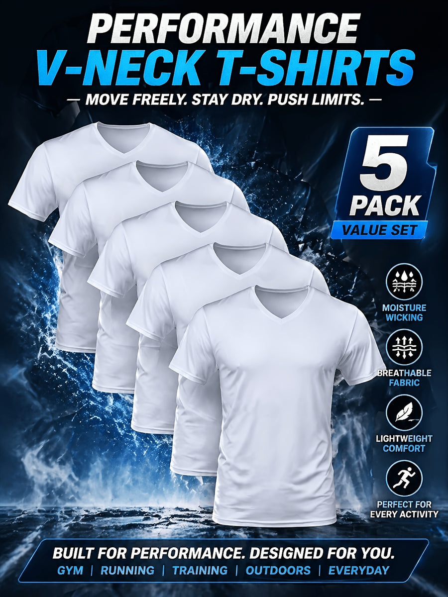 Men'S Summer Classic V-Neck Casual Short Sleeve T-Shirt 5pcs Set, Summer Essential | Solid Color, Quick-Dry Polyester Fiber, Ideal for Outdoor Running And Exercise, Machine Washable - 5PCS-white