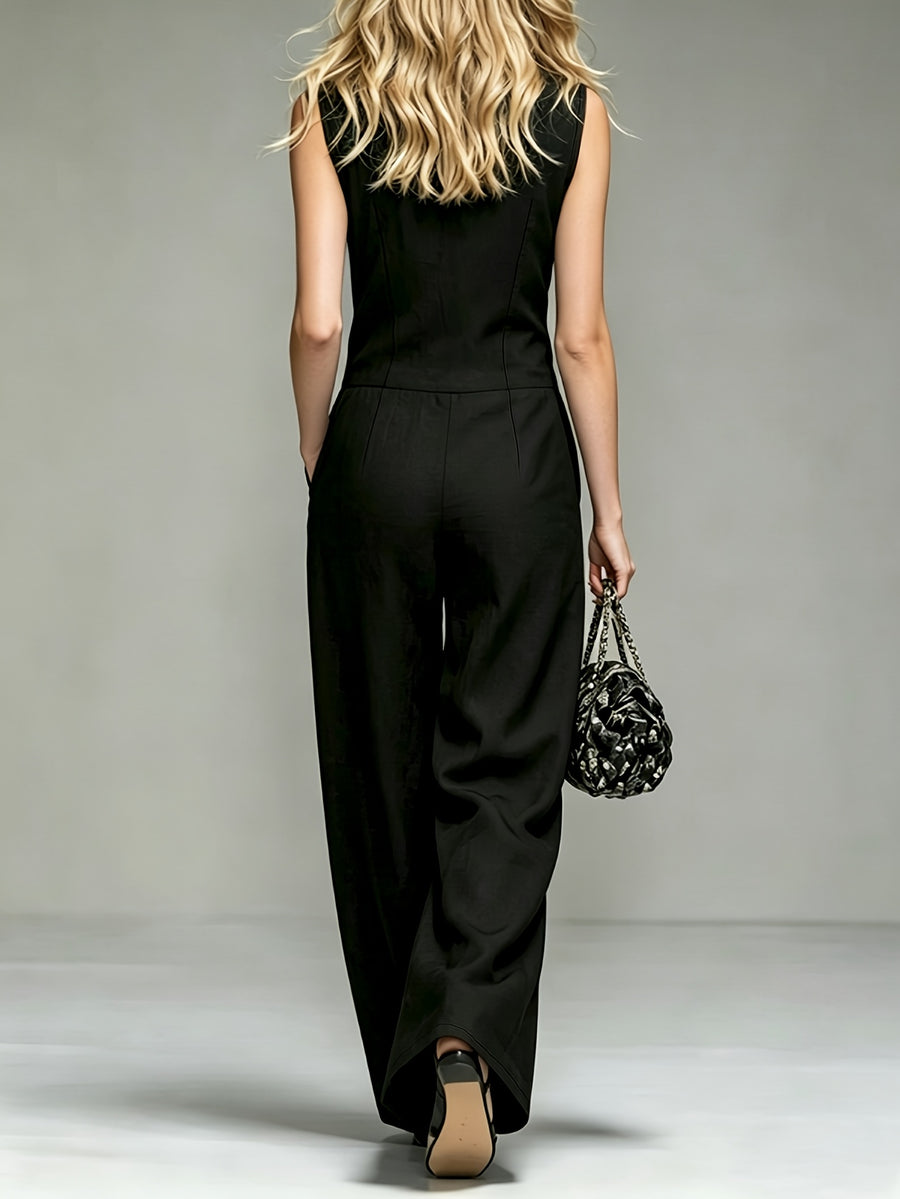 Women'S Fashion Solid Color Commuter Pocket Lapel Leg-Lengthening Sleeveless Slim Wide-Leg Jumpsuit [Additions Not Included] - Black