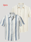 2pcs Men'S Contrasting Checkered Patchwork Short-Sleeved Shirt, Business Casual Lapel Cardigan Top - Blue+Light White